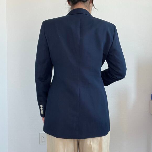 Lauren Ralph Lauren Navy Cotton Silk Blazer Size 4 Classic One Button Silk blend - Picture 4 of 14